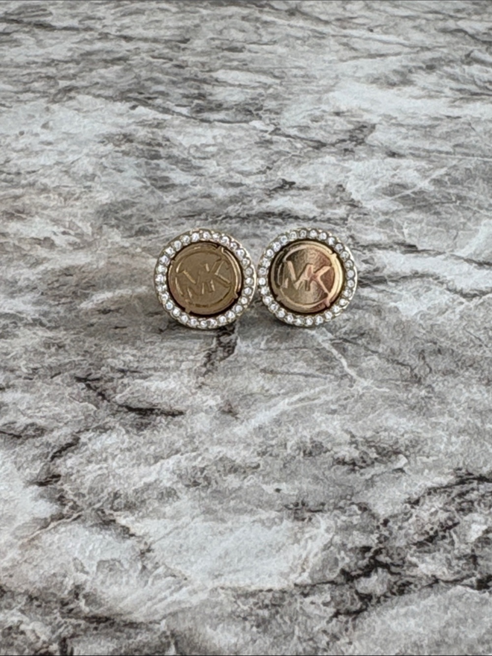 Michael Kors Gold Crystal-Trim MK Button Earrings - Picture 3 of 3